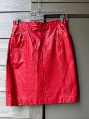 VTG 90s Wilsons Red Leather Mini Skirt Cherry Red Pockets Pencil Skirt Vintage